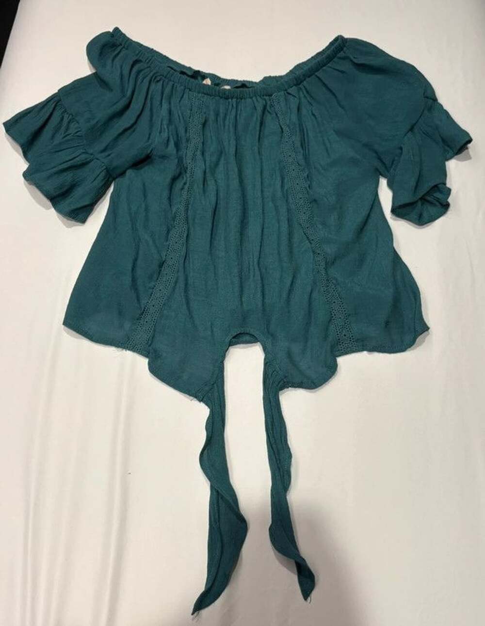 No Frills Los Angeles Teal Off The Shoulder Tie Front Top Size S